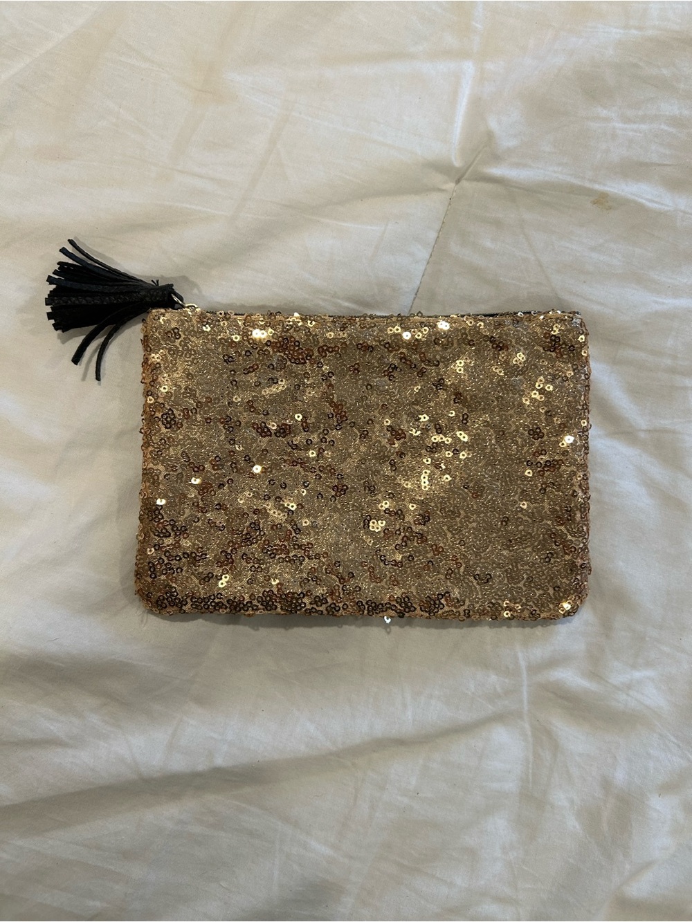 ipsy Gold Sequin Clutch with Black Tassel